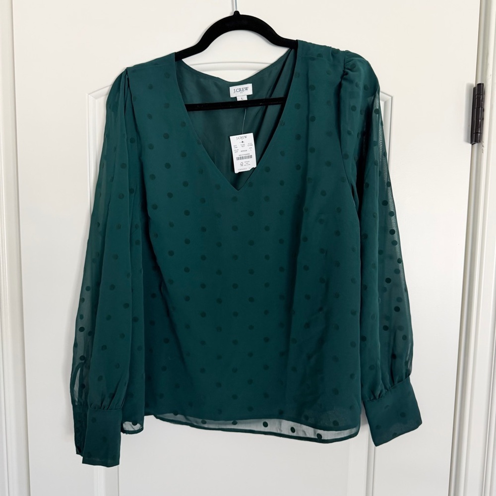 NWT J Crew Factory Women’s Green Dot Blouse with Sheer Sleeves - size large